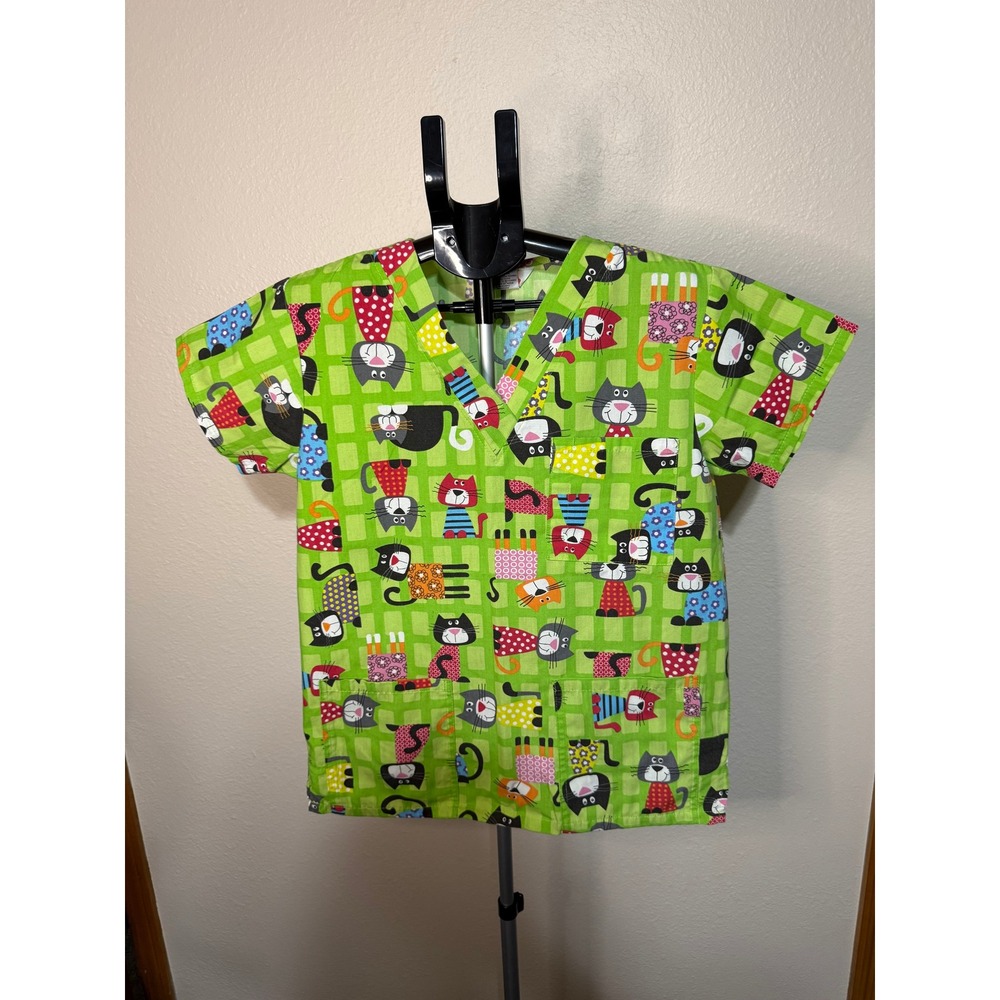 Just Love Cat Scrub Tops Lot of 2 XS Green Checkered Pink Cat-ti-tude V-Neck